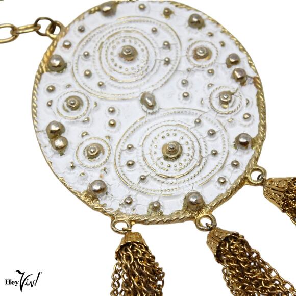 Vintage Necklace Large 3" Medallion Statement Chunky Piece Chain Fringe -Hey Viv - Picture 5 of 6